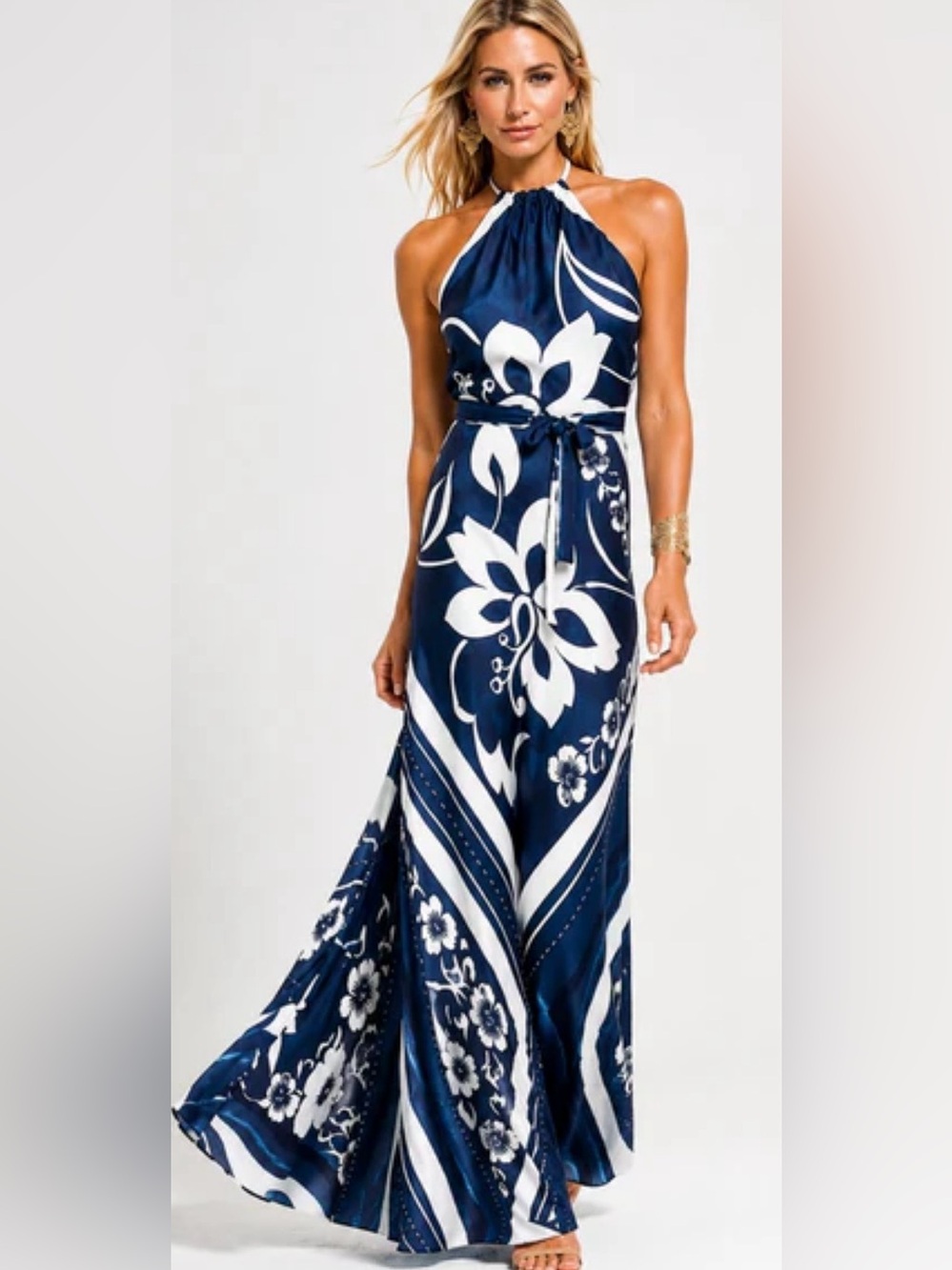 Navy & White Floral Halter Maxi Dress - Women